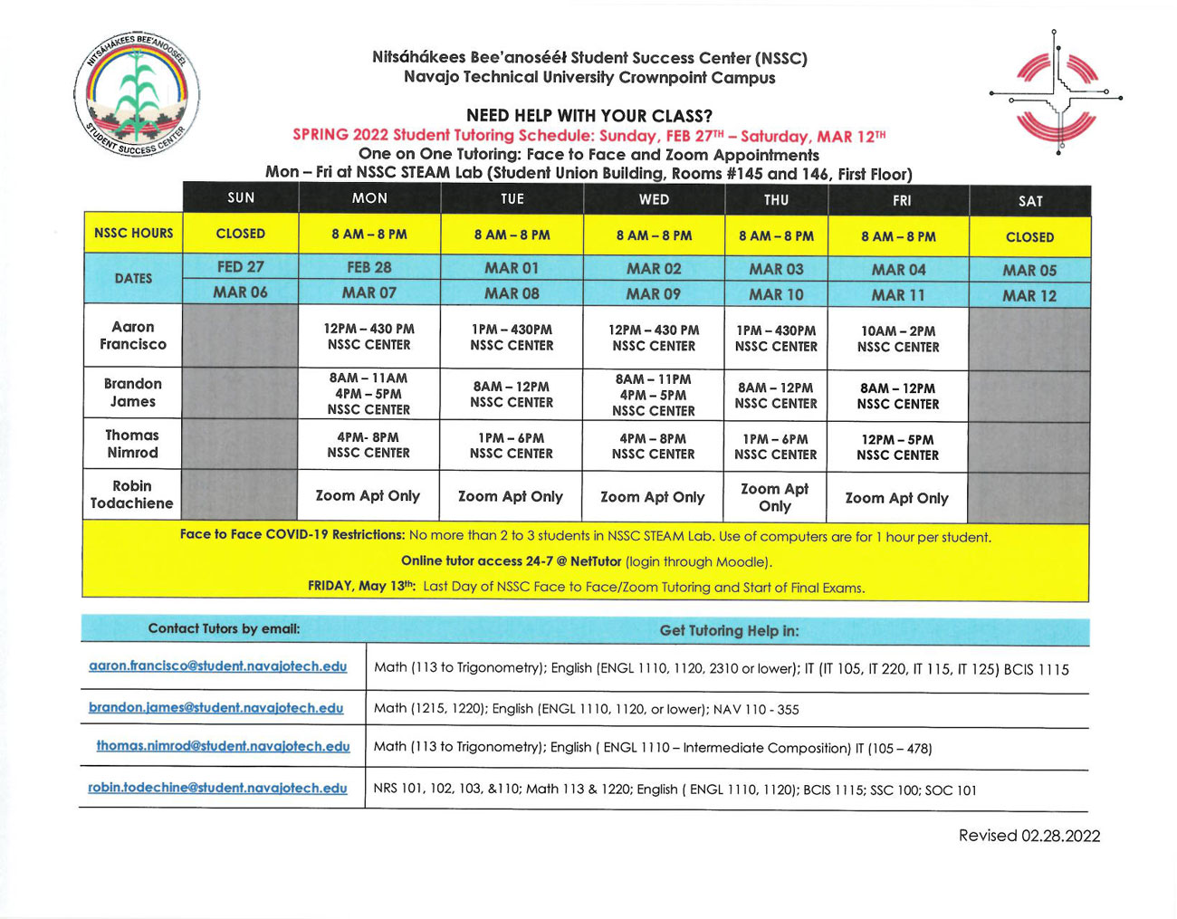 NSSC Tutor Schedule 2022